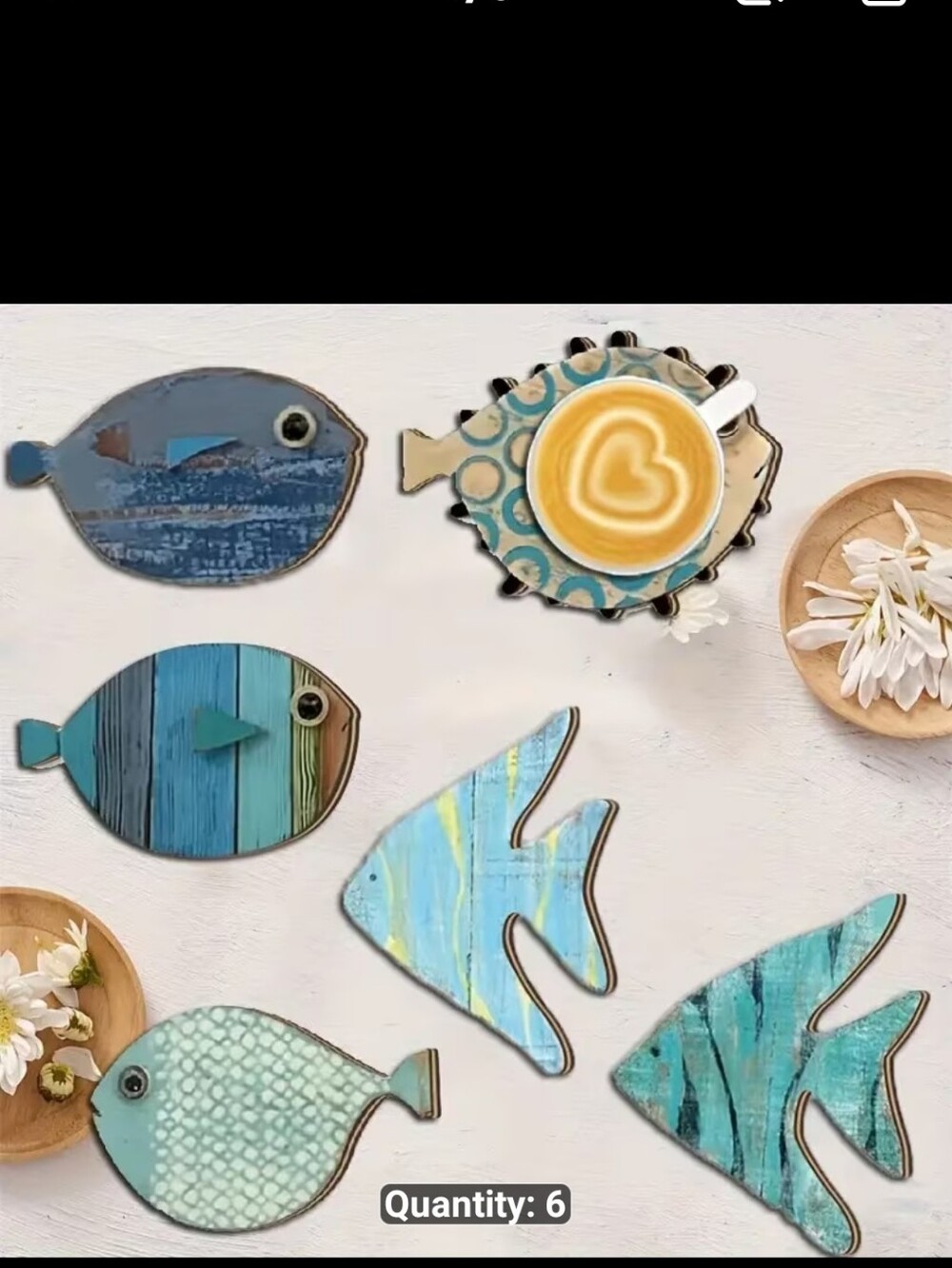 New 6Ppc Coastal Fish Wood Coasters #1379-375